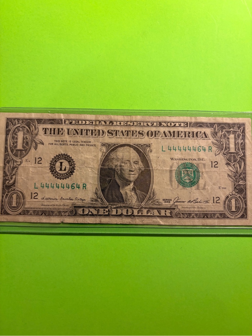 US One Dollar Bill - Fancy Serial Number Seven of a Kind Note
